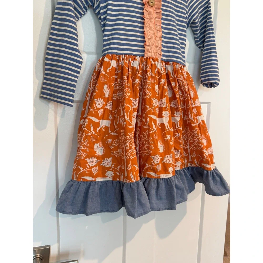 Eleanor Rose Girls Rhonda Woodland Fox Striped Ruffle Dress Orange Blue Size 7-8